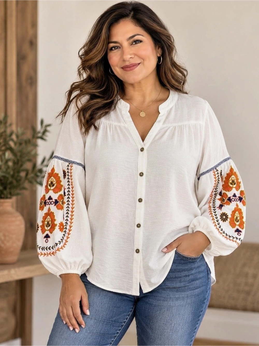 Fig and Flower Embroidered Sleeve Blouse in White NWT
